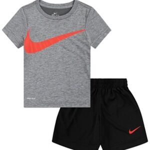 Nike Kids' Dri-Fit Gray Tee and Black Shorts Set with Red Swoosh. Size 6.